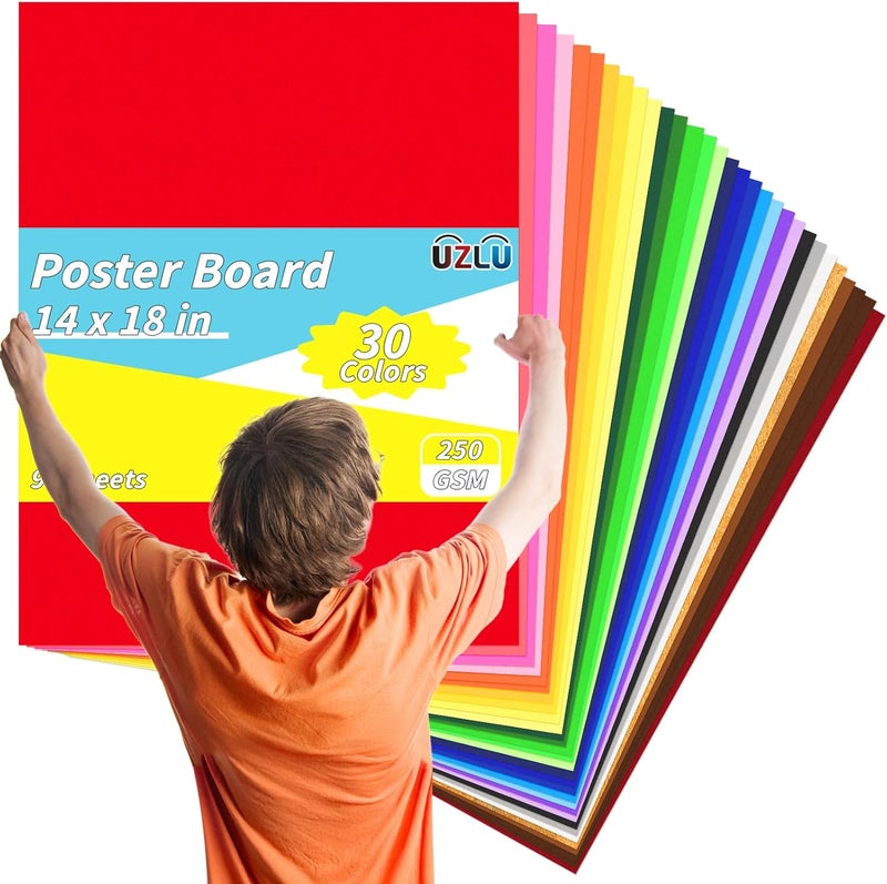 UZLU 90 Pack Poster Board 14 x 18 in Colored Posterboard Paper Bulk 30 Assorted Color 250 GSM Thickness Cardstock Blank Smart Vision Poster Paper for School Drawing Craft Projects DIY Display Supplies - Image 1